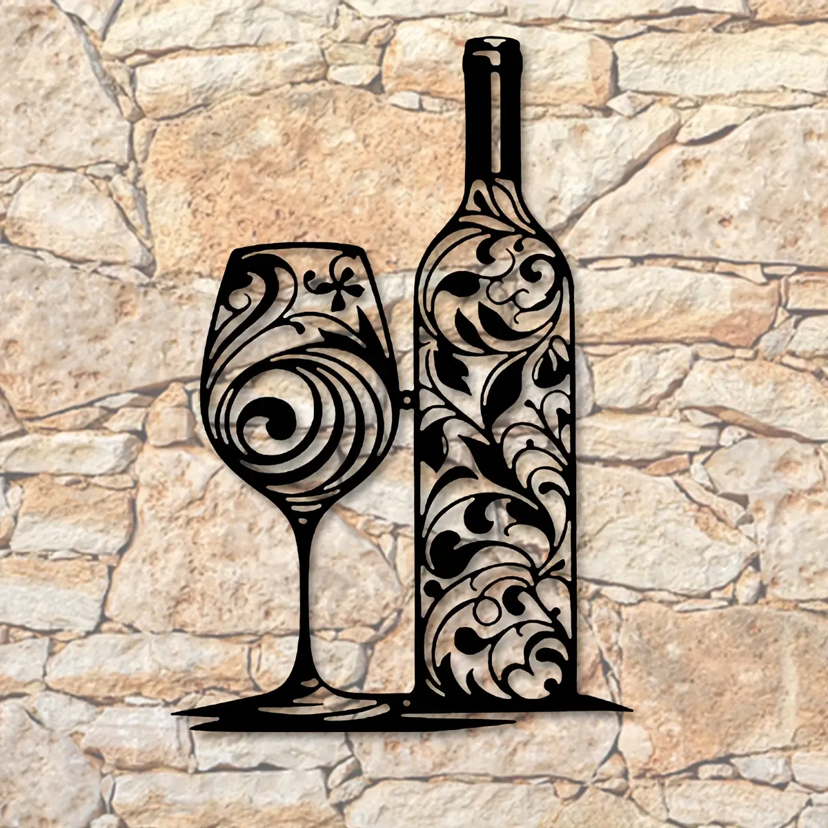 1 metal wine bottle and glass Vintage Design, Western Wall Art, Decoration items with black vortex pattern - perfect for home bars, kitchens - gift for wine enthusiasts - easy to hang, wine themed kitchen decoration | metal structure