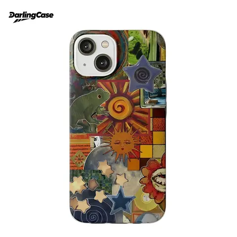 DarlingCase Vintage Collage Oil Painting Stars & Sun Smartphone Case - Cute Glossy Eco-Friendly Silicone Dual-Layer Drop Defense Protection Cover for iPhone 17 ProMax,16 Pro,15,14,13,12 with Full Port Cutouts, Long Use Accessories for Women