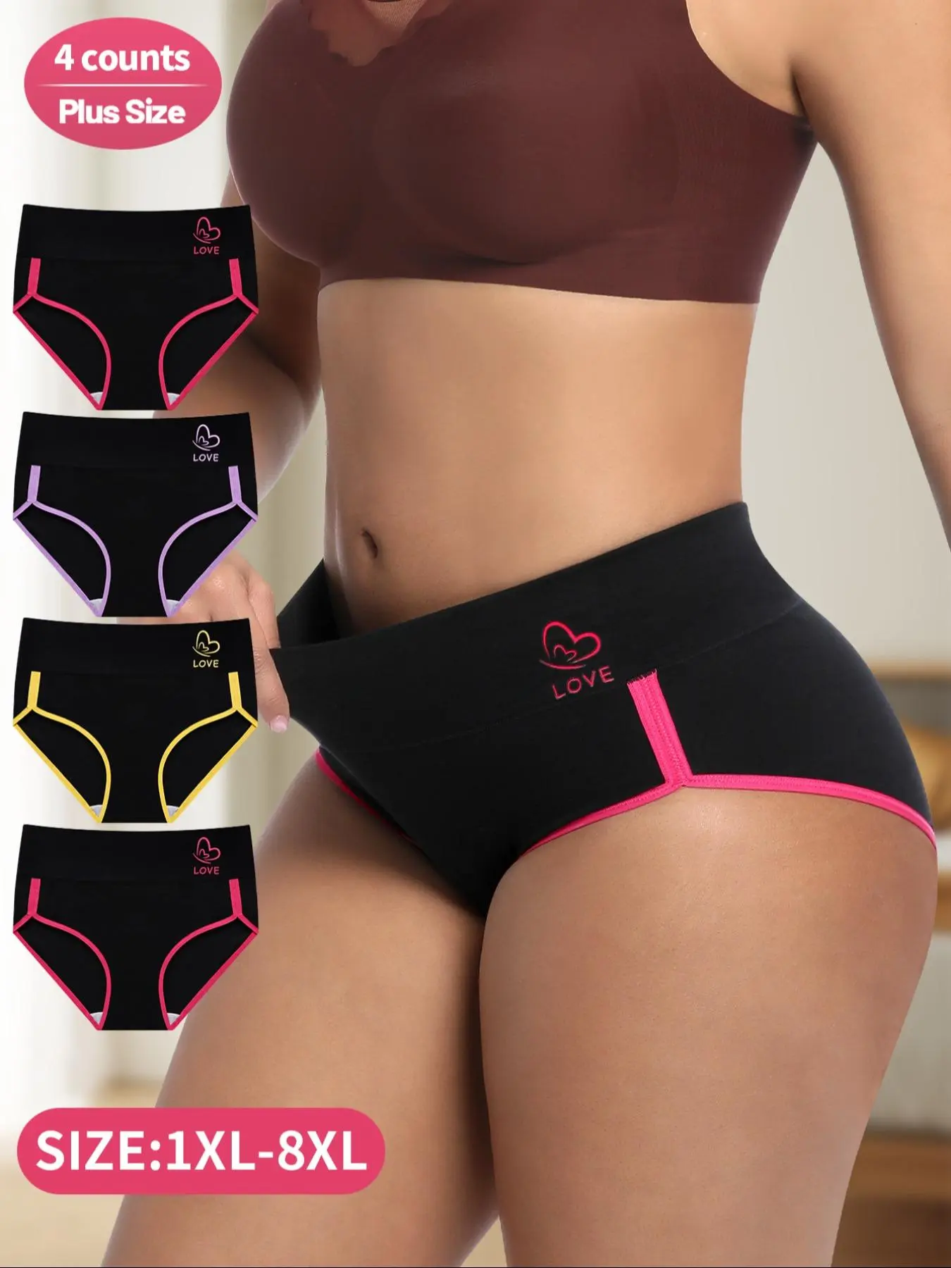 4-Pack Morelect Plus Size Women's Underwear, Mid-Waist Comfortable Colorblock Panties, High-Quality Printed Skin-Friendly Triangle Briefs