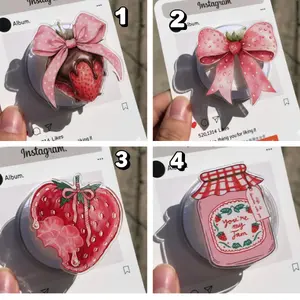 Cute Strawberry Phone Grip Stand, Aesthetic Berry, Bow & Jam Jar Design, Strong Adhesive Phone Holder,  Cute Gift For Strawberry Lover