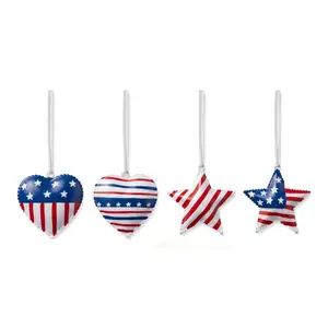 4-Pack Blue Metal Hanging Decor Set, Heart Star Shape Double-Sided, Pre-Assembled Rope, Independence Day Patriotic Home Decoration