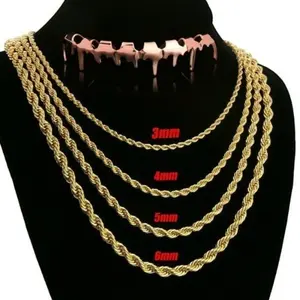 Hip Hop Rope Chain Necklace 30, 36" 14K Gld Plated Finish + Drip Grillz - Unisex Jewelry