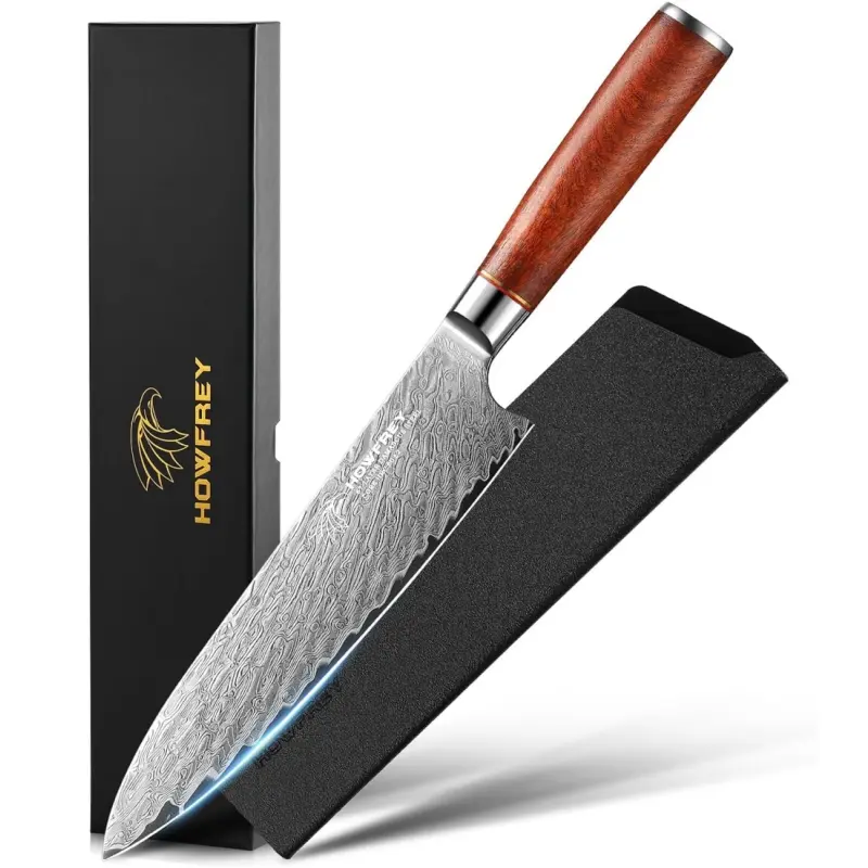 HOWFREY 8 in High Carbon AUS-10 Damascus Steel Chef Knife with Burl Wood Resin Handle, Red Home Kitchen Knives with Damascus Blade, Gift-Ready