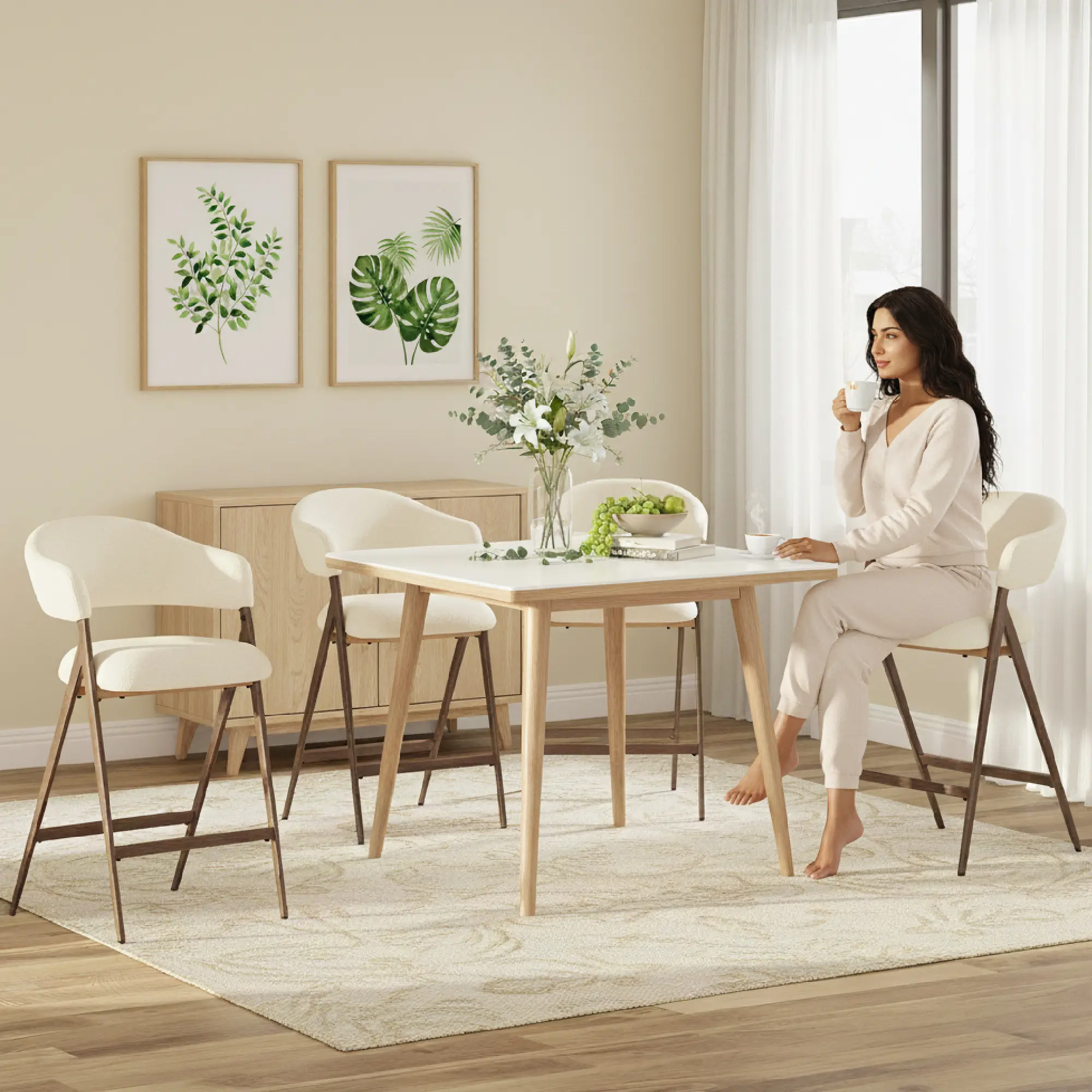 Set of 2 Counter Height Dining Chairs, Upholstered Bar Stools with Back and Armrests, Modern Metal Legs, Comfortable Kitchen Counter Chairs for Dining Room, Breakfast Nook