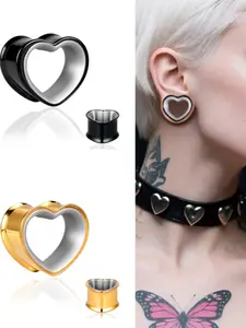 2pcs Gothic Heart Ear Plugs Tunnels, Double Flared Hollow Ear Gauges, Punk Piercing Jewelry, Hypoallergenic Stainless Steel