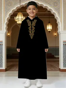 Boys Hooded Thobe with Elegant Gold Scroll Embroidery, Middle Eastern Islamic Jubba for Kids (Black)