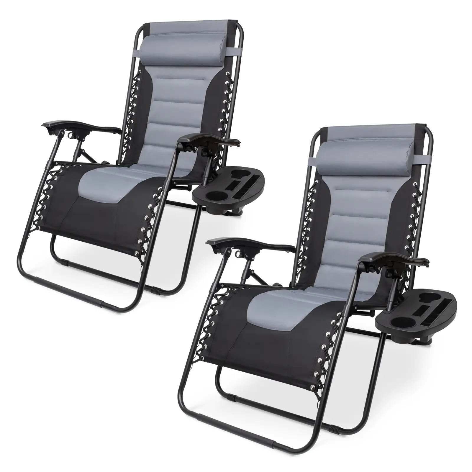 Set of 2 Adjustable Steel Mesh Zero Gravity Lounge Chair Recliners w/Pillows and Cup Holder Trays