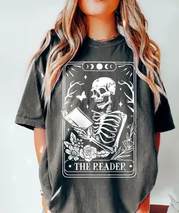 The Reader Tarot Card T-Shirt, Skeleton Reading Shirt, Unisex Tarot Card Tee, Book Lover Gift, Bookish Shirt, Women's Casual Short Sleeve Tee