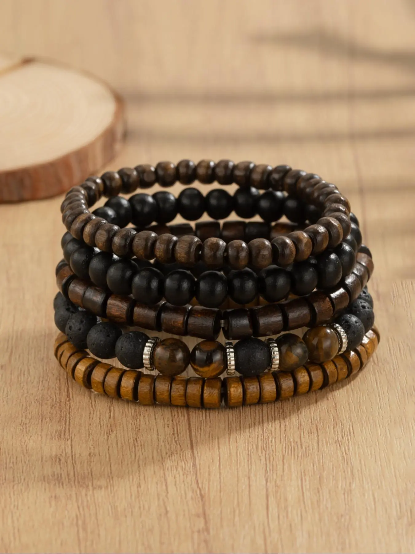 Men's Boho Style Wooden Beaded Bracelets, Casual Trendy Elastic Beaded Bracelets, Fashion All-match Vintage Jewelry, Bohemian Versatile Jewelry for Daily Decor, Stackable Bracelets, Adjustable Beaded Design