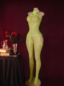YIAII Women's Fishnet Bodystocking Lingerie, Criss Cross Halter One Piece Mesh Teddy, Cutout Body Suit