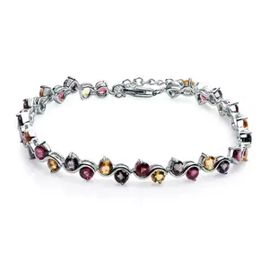 Women's 925 Sterling Silver Natural Garnet, Citrine, Smoky Quartz Tennis Bracelet - Vintage Chain & Link Fine Jewelry for Female Wedding, Gift Box Included GB
