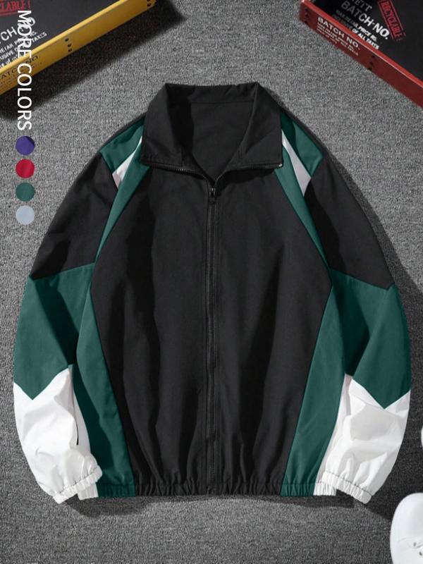 Men's Colorblock Zip Up Jacket, Regular Fit Casual Long Sleeve Outerwear for Spring & Fall, Fashion Men's Clothes for Daily Wear Tops