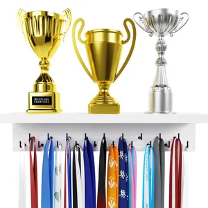 EVERMORE Medal Hanger Display and Trophy Shelf with Hooks - Wooden Medal Holder for Wall Mount Ribbon Display, Trophy Display Shelf for Gymnastics, Soccer, Running Race Medals Awards Rack