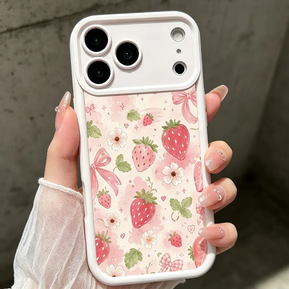 Cute Strawberry Daisy Ribbon TPU Soft Phone Case for iPhone 17 Air, 16 Pro Max, 15 Pro Max Plus, 14 Plus, 13, 12, 11 - Fashion Floral Pattern, Drop-Resistant 4-Corner Airbag, Camera Protection, Trendy Gift Idea TYJT260706011
