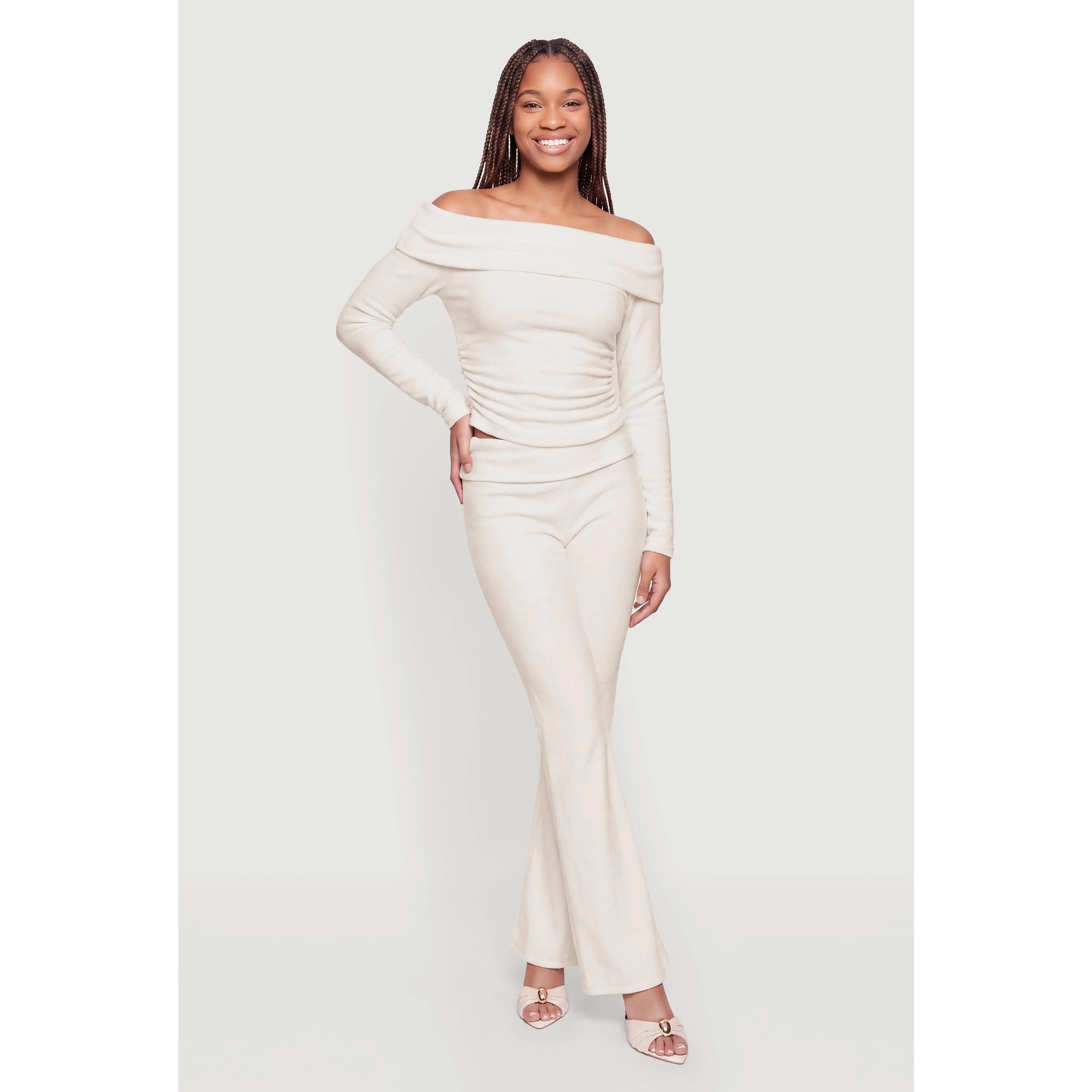 Fold Over High Waisted Brushed Knit Boot Cut Pants