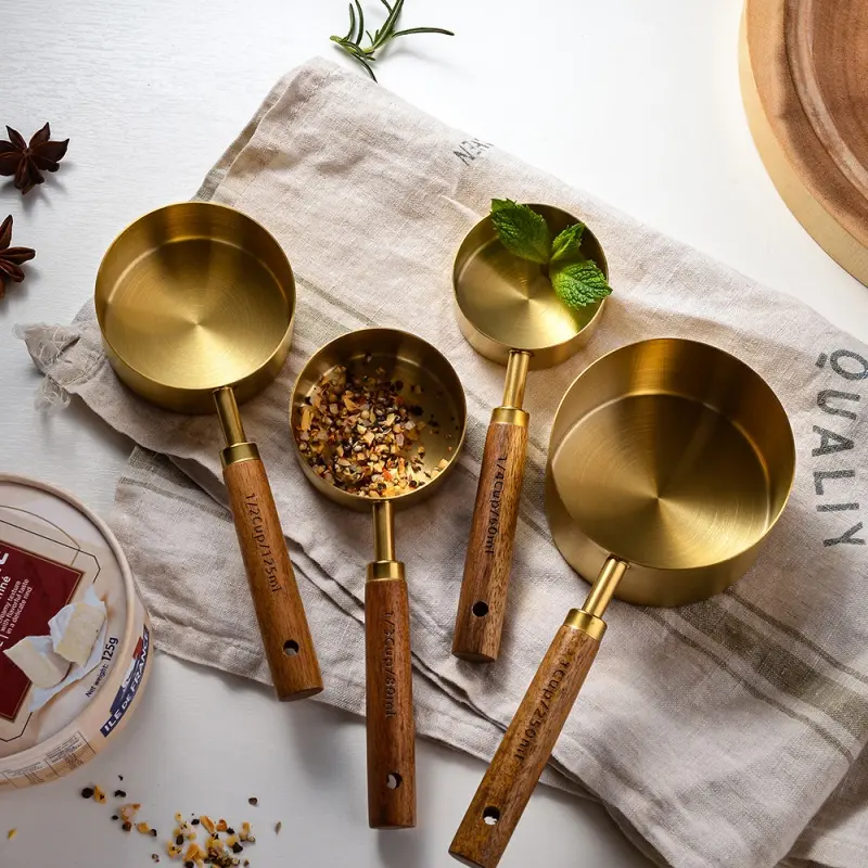 Gold Stainless Steel 8-Piece Measuring Spoon-Cup Utensils Set, Stackable Kitchen Supplies for Baking, Cooking Dry & Liquid Ingredients, Ideal for Family Gatherings, Stackable Set