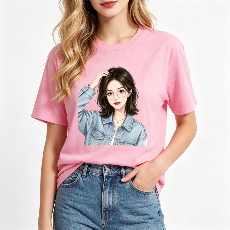 Women's Cotton Crew Neck Graphic Tee - Comfortable Fitted Fabric, Cute Girl Denim Jacket Glasses Character Print, Short Sleeve Casual Kawaii Streetwear Summer Top