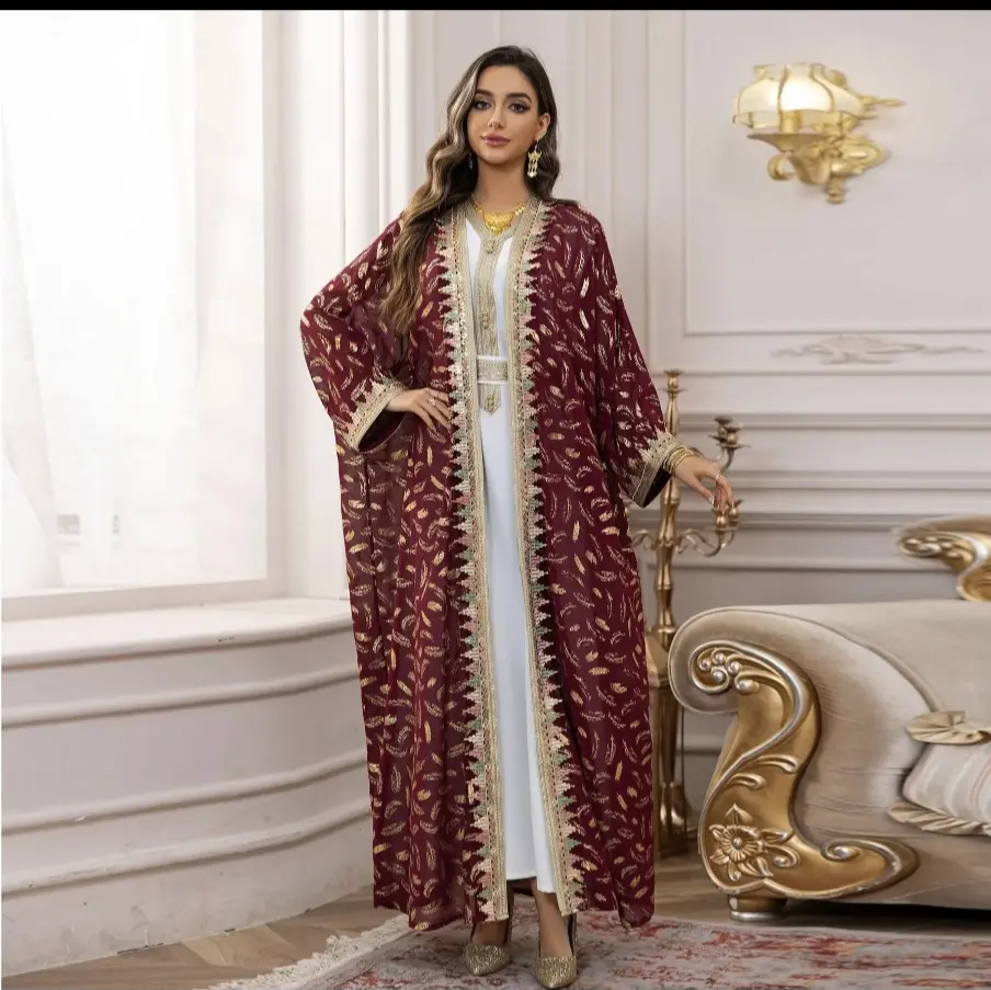 Women's Modest Fashion Long Sleeve Islamic Abaya - 2-Piece Dubai Chiffon Open Kimono Dress Set with Floral Embroidery, Hijabi Muslim 2-Part Dresses, Long Sleeve Abaya