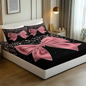 3pcs Glam Pink Bow Fitted Sheet Set, Luxury Glitter Bed Sheet Set, Sheet with Deep Pockets Soft Microfiber (No Fillers) Coquette Bows, Chic Black Sparkle Mattress Cover for Girls & Women Bedroom