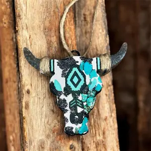 Handmade Turquoise Stone & Cow Print Aztec Bull Car Freshie Air Freshener for Lockers Closets Cars and More