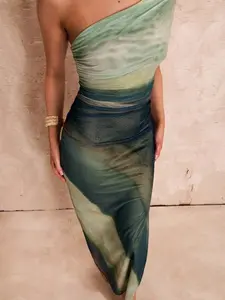 Women's Green Ombre Mesh Maxi Dress One Shoulder Asymmetrical Cap Sleeve Bodycon Gown