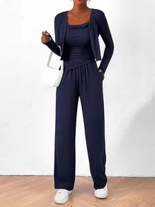 Spring Summer New Sportswear Casual Lazy Design Comfortable Jacket Tank Top Pants Three-Piece Set, Plain Pattern, Women's Fashion