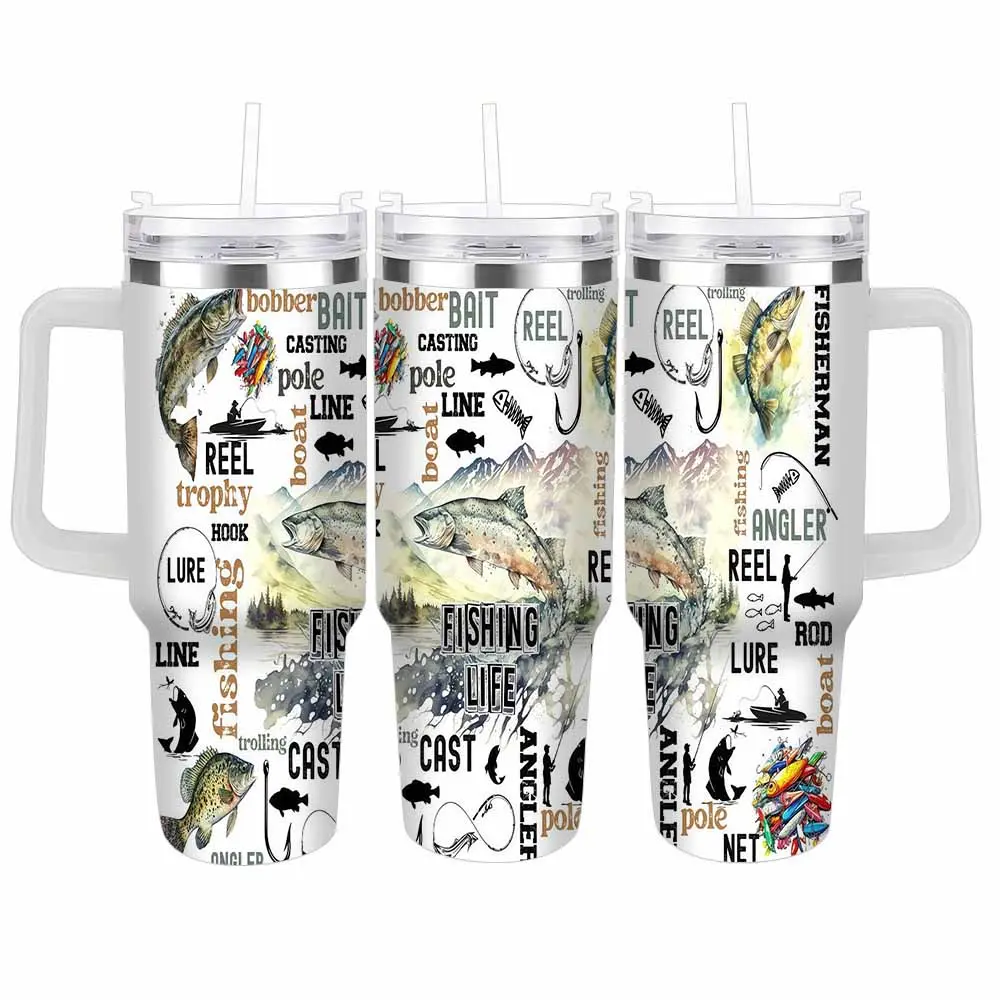 Fishing Themed Car Cup Tumbler (40oz/30oz/20oz) Bass Fish Angler Print Stainless Steel Insulated Travel Mug Outdoor Fishing Gear Boat Camping Father's Day Gift Outdoorsmen summerwins Summervibes, dealsforyou, midyearsale, restock, dealsforyoudays, DFYD