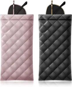 2 Pack Squeeze Top Sunglass Pouch - Portable PU Leather Organizer Bags for Glasses, Accessories, Keys, Cosmetics, Waterproof & Stain-Proof, 3.3in*1.9in*7.7in, Black & Beige