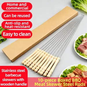 Outdoor stainless steel skewers with wooden handles BBQ skewers 10 boxed BBQ grilled chicken wings and lamb legs skewers forks barbecue camping barbecue accessories