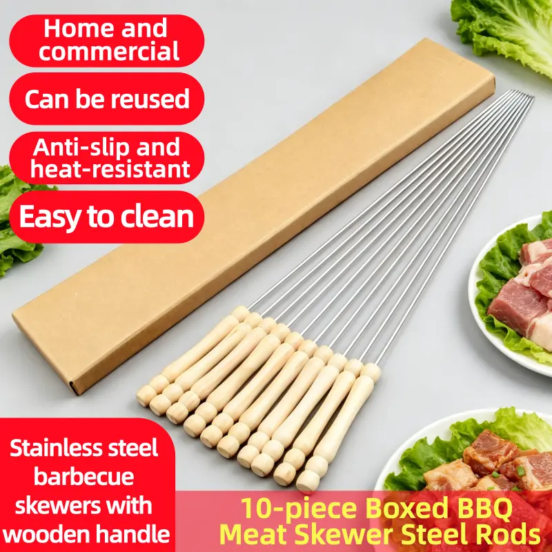 Outdoor Stainless Steel BBQ Skewers with Wooden Handles, 10-Piece Box, Camp Kitchen Utensil Set for BBQ Grilling, Fits Meat Pieces Like Chicken Wings and Lamb Legs