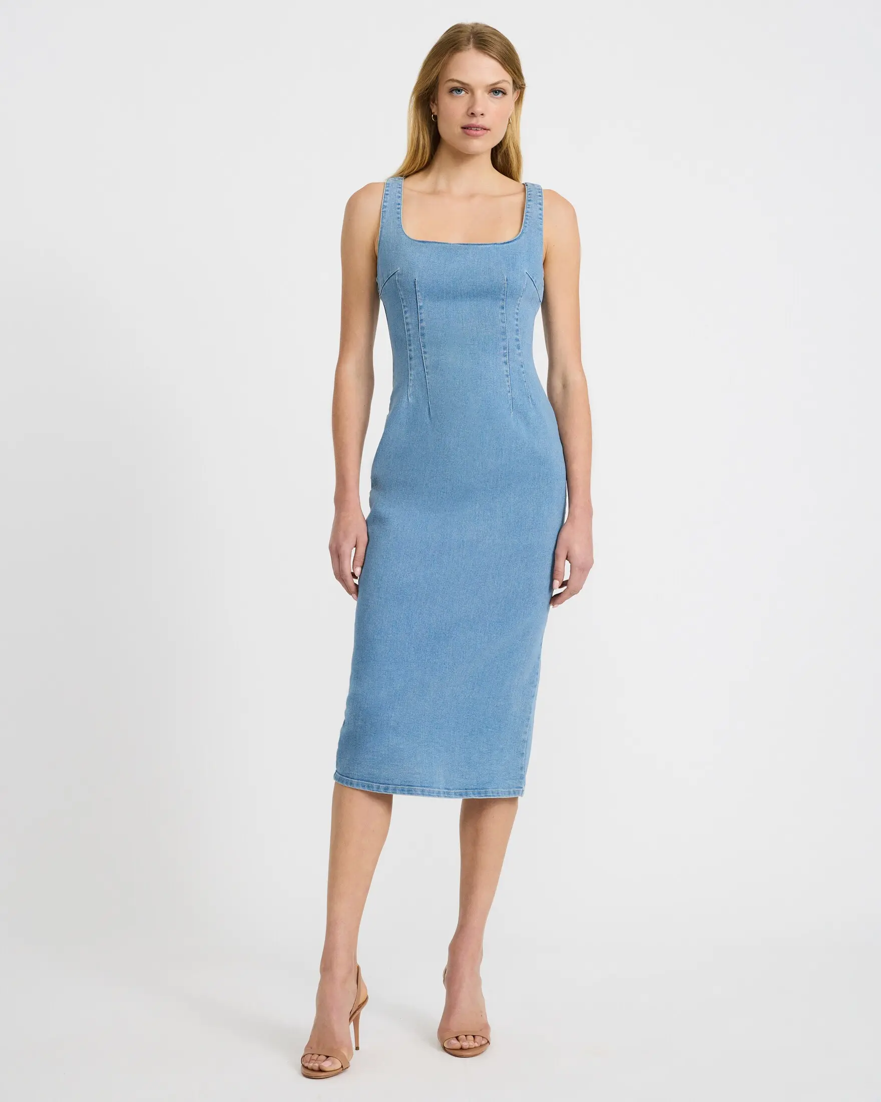 Express Stretch Denim Scoop Neck Seamed Midi Sheath Dress