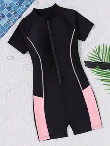 Teen Girl Colorblock Halter One-Piece Swimsuit, Stylish Cut-Out Swimwear for Summer Beach Vacation