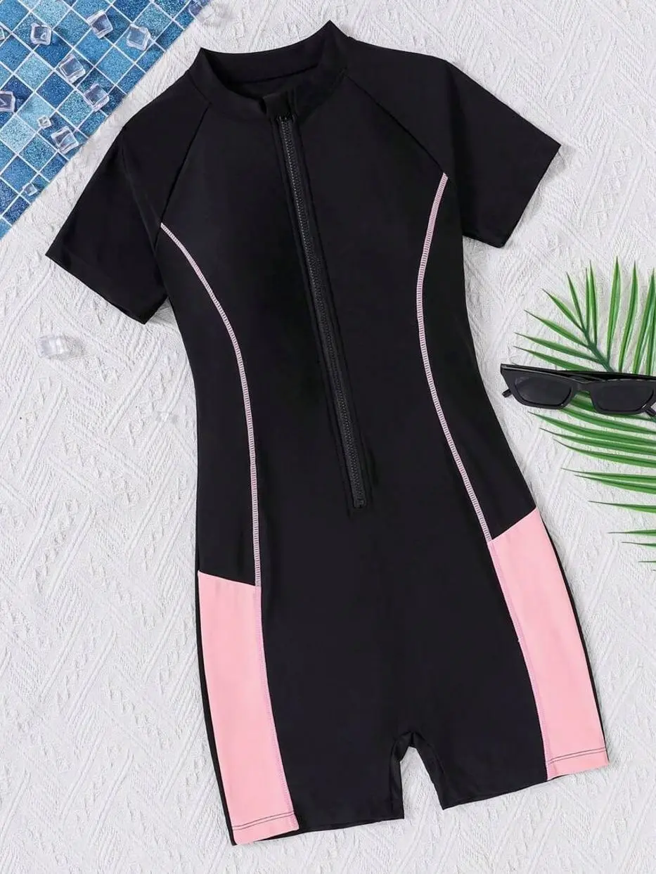 Teen Girl Colorblock Halter One-Piece Swimsuit, Stylish Cut-Out Swimwear for Summer Beach Vacation