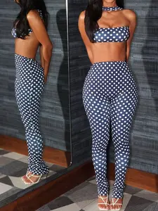 Women's Polka Dot Two-Piece Set, Sexy Sleeveless Crop Top & High Waist Pants, Fashionable Tight-Fitting Backless, Womenswear