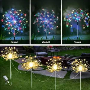 4-piece outdoor light set, solar-powered 240-LED fireworks garden lights, suitable for Christmas and Thanksgiving decorations, IP65 waterproof with 8 lighting modes, ideal for villa courtyards, balconies, pathways, lawns, and camping; warm-color/multicolo