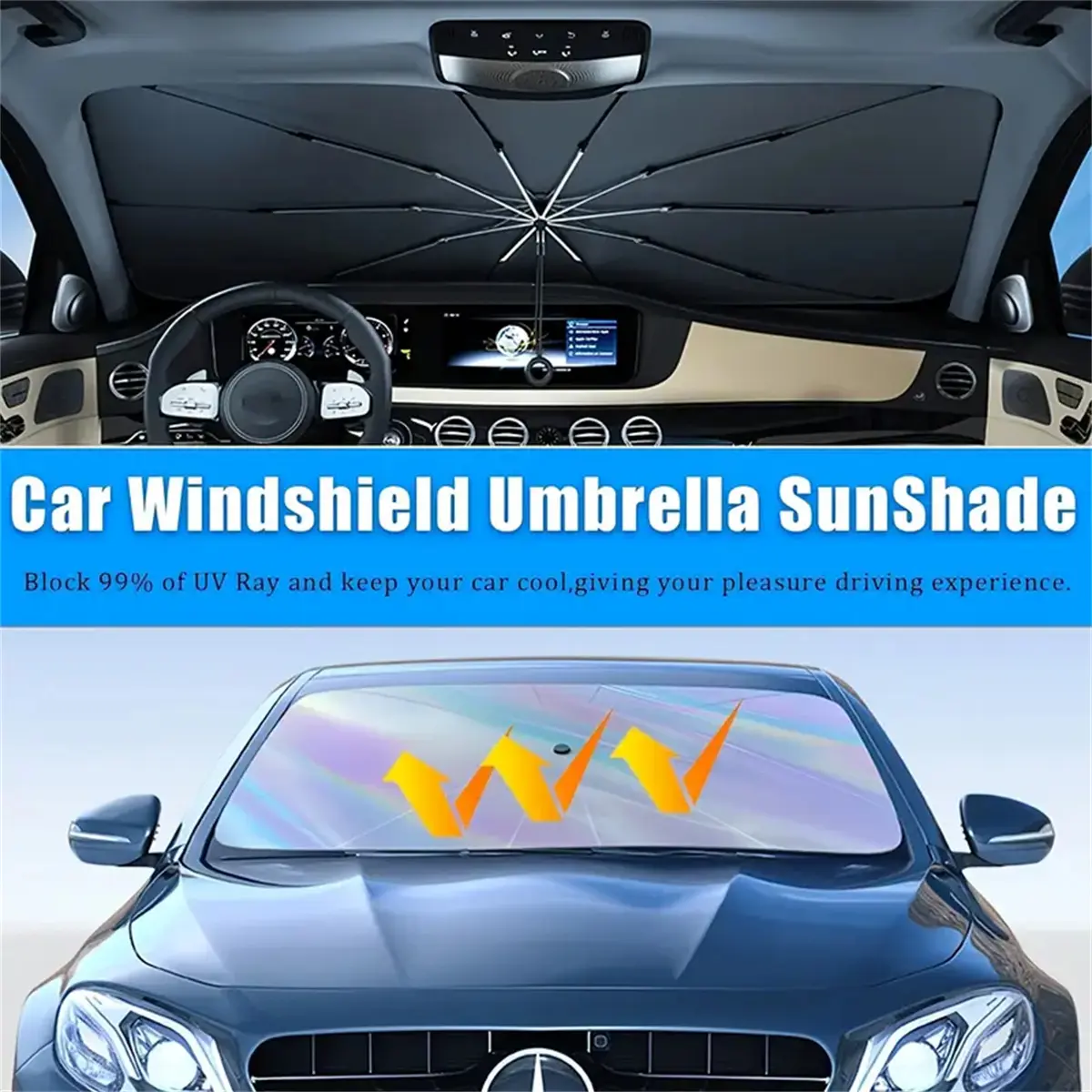 Universal Foldable Car Window Umbrella Sunshade - Polyester Auto Accessory, Car Shade Front Windshield Heat Shield, 1-Click Install & Store, UV Protection for SUVs/Trucks, Summer Daily Commute Essential