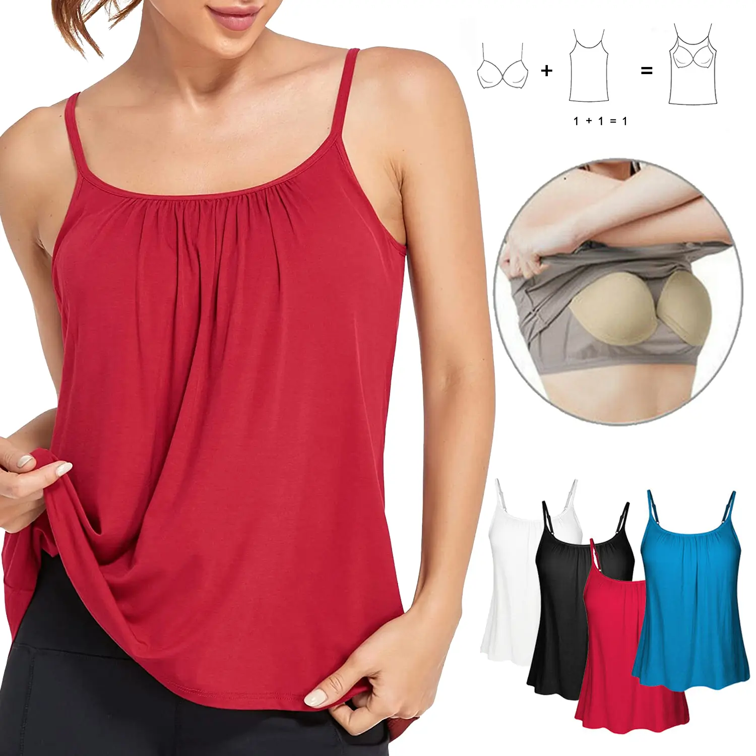 Women's Oversized Tunic Tank Top with Built-in Bra, Flowy A-Line Camisole with Flared Crochet Lace Hem, Drape Top for Layering, Clothes, Minimalist, Lady, Blouse, Floral, Basic, Elegant
