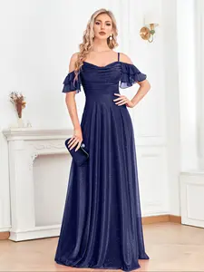 Elegant Blueplum Sparkly Spaghetti Strap Formal Evening Dress, Cut Out Ruffled Design, A-Line Knitted Fabric, Perfect for Weddings & Festivals, Formal Wear, Womenswear