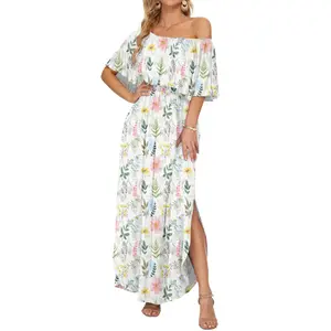 Women's Plus Size Off The Shoulder Dress Wedding Guest Dress Summer Casual Long Ruffle Party Side Split Beach Maxi Dresses with Pockets