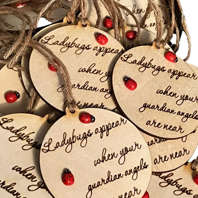 Ladybugs Appear When Your Guardian Angel is Near Wooden Ornaments with Red Accents and Inspirational Text