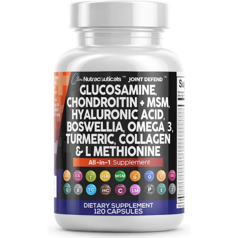 Clean Nutraceuticals Glucosamine, Chondroitin + MSM Turmeric, Hyaluronic Acid, Boswellia & More for Healthy Joints Supplement Capsules – Joint Defend