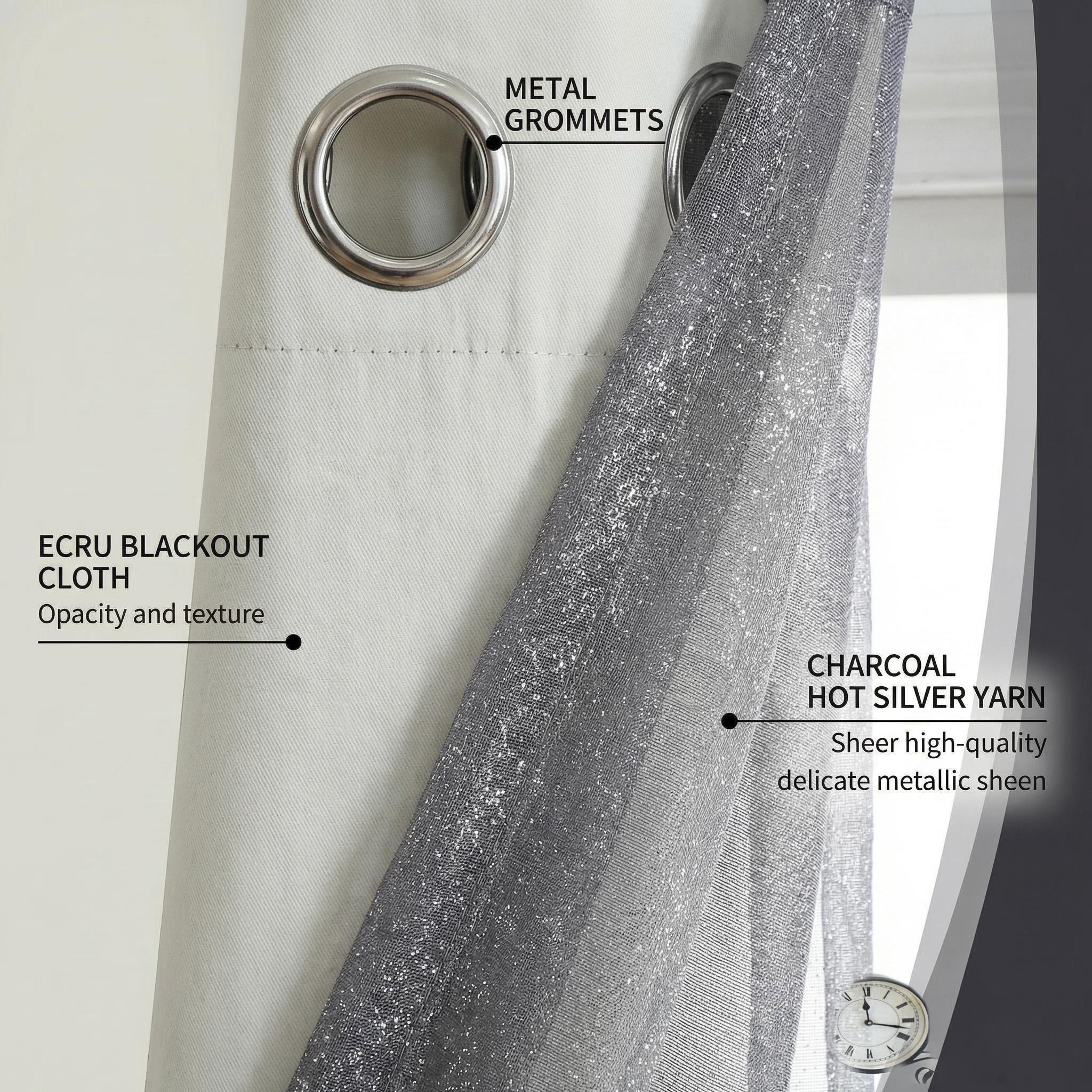 Curtain Club 8 Panels 52x84inch Curtain Fabric + Chiffon Set: 4 panels are plain blackout fabric, 4 panels are chiffon. With silver heat transfer finish, allowing light to pass through. The set can provide both blackout and decorative effects. FT2599+L28
