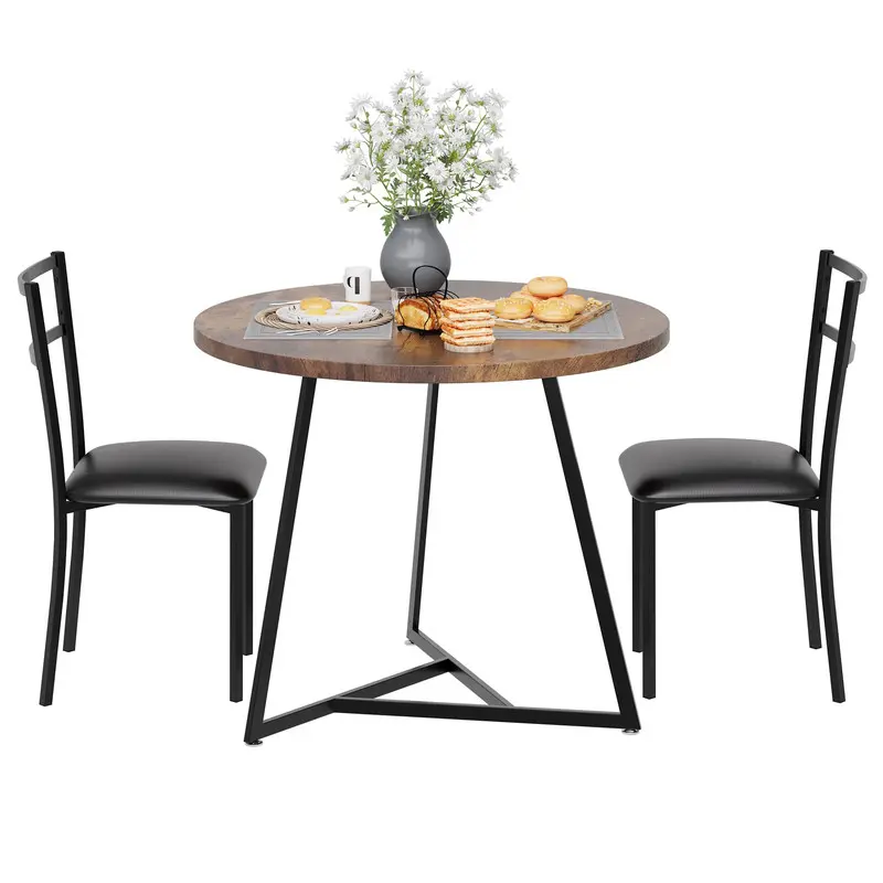 【Christmas Gift】Brown Round Dining Table Set for 2,Kitchen Table Chairs Set of 2, Small Dining Room Table Set with 2 Upholstered Chairs, Dinette for Small Place,Apartment, Breakfast Nook
