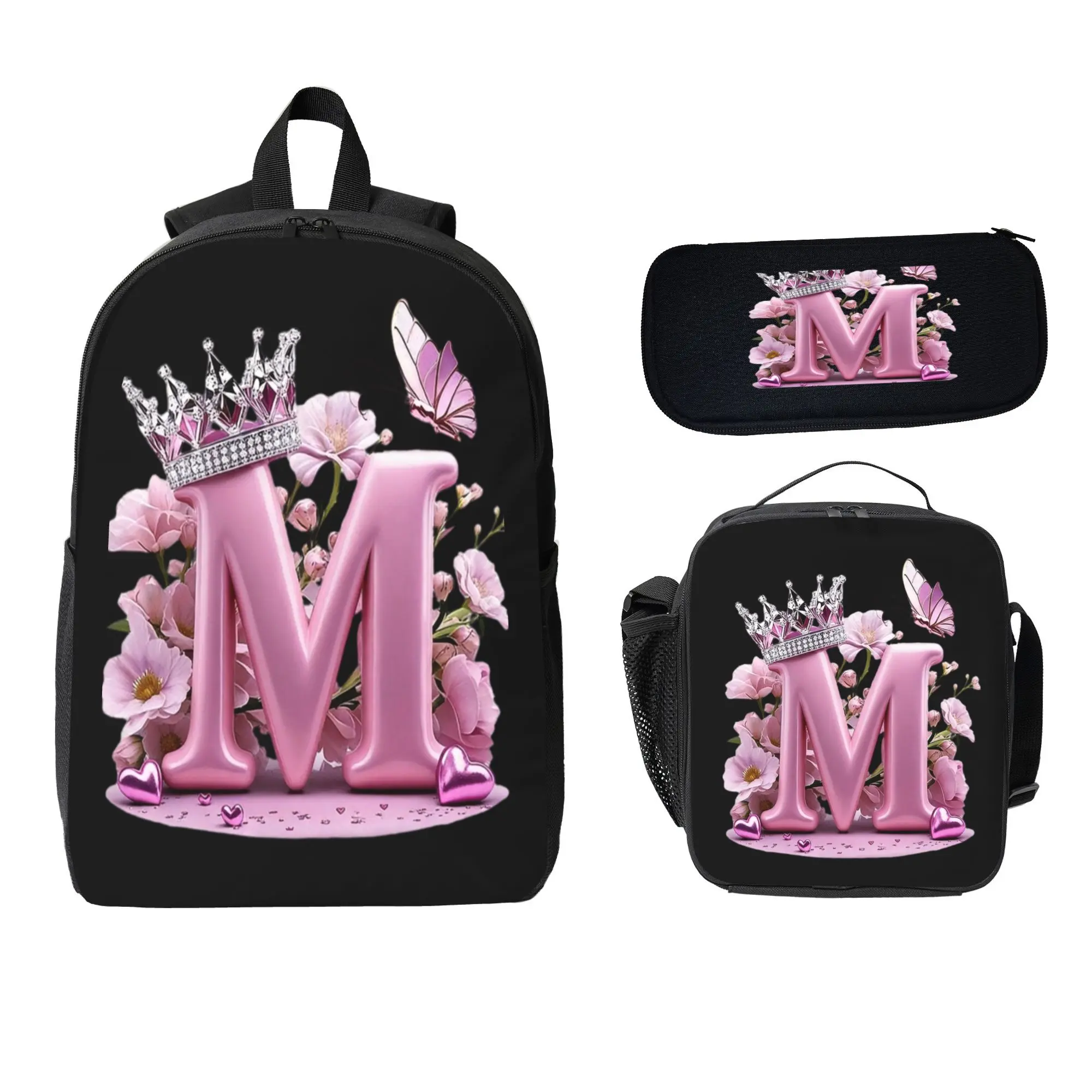 Initial Letter M Crown Pink Floral Butterfly Backpack Set 3 Pieces, Custom Monogram Letter M Bookbag with Insulated Lunch Bag Pencil Case, Cute Queen Aesthetic Back to School Backpack for Girls Teen Youth