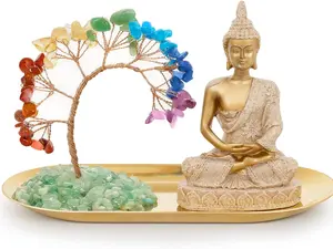 7 Chakra Crystal Tree and Buddha Statue Set, Yoga Meditation Decor, Money Tree and Buda Statues Religious Decorative