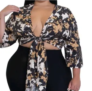 Women's Plus Size Crop Top with Floral Print and Deep V-Neckline Design
