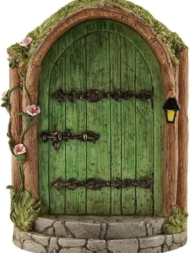 Green Fairy Door, Wooden Miniature Fairy Garden Doors Outdoor Mini Fairy Gnome House Accessories for Tree Trunk Ornaments Garden Miniatures, Fairy Door