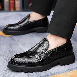 Plus Size Men's Vintage Solid Color Slip On Platform Loafer Shoes With Double Buckle Straps, Comfy Non Slip Durable Microfiber Upper Dress Shoes, Men's Footwear