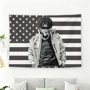 Black and White Rapper with American Flag Background Wall Flag, Hip Hop Grunge Aesthetic Tapestry