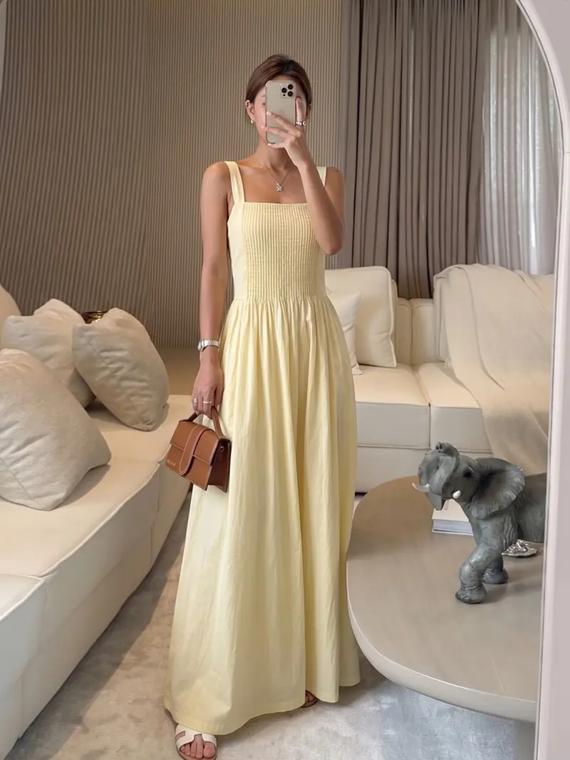 long pastel yellow dress A Line Floor Length Lace Pastel Yellow Prom Dresses Spaghetti Straps Yellow / US4 main image 1